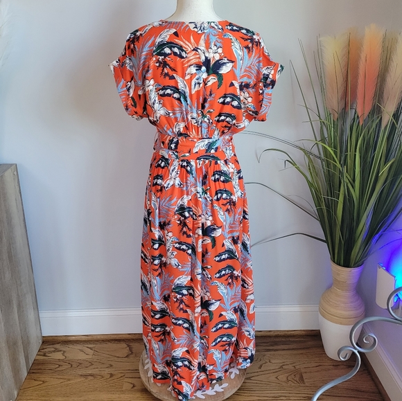 LOFT, New Red Botanical Tropical Floral V-Neck Button Tie Waist Midi Dress 4 - Picture 7 of 12